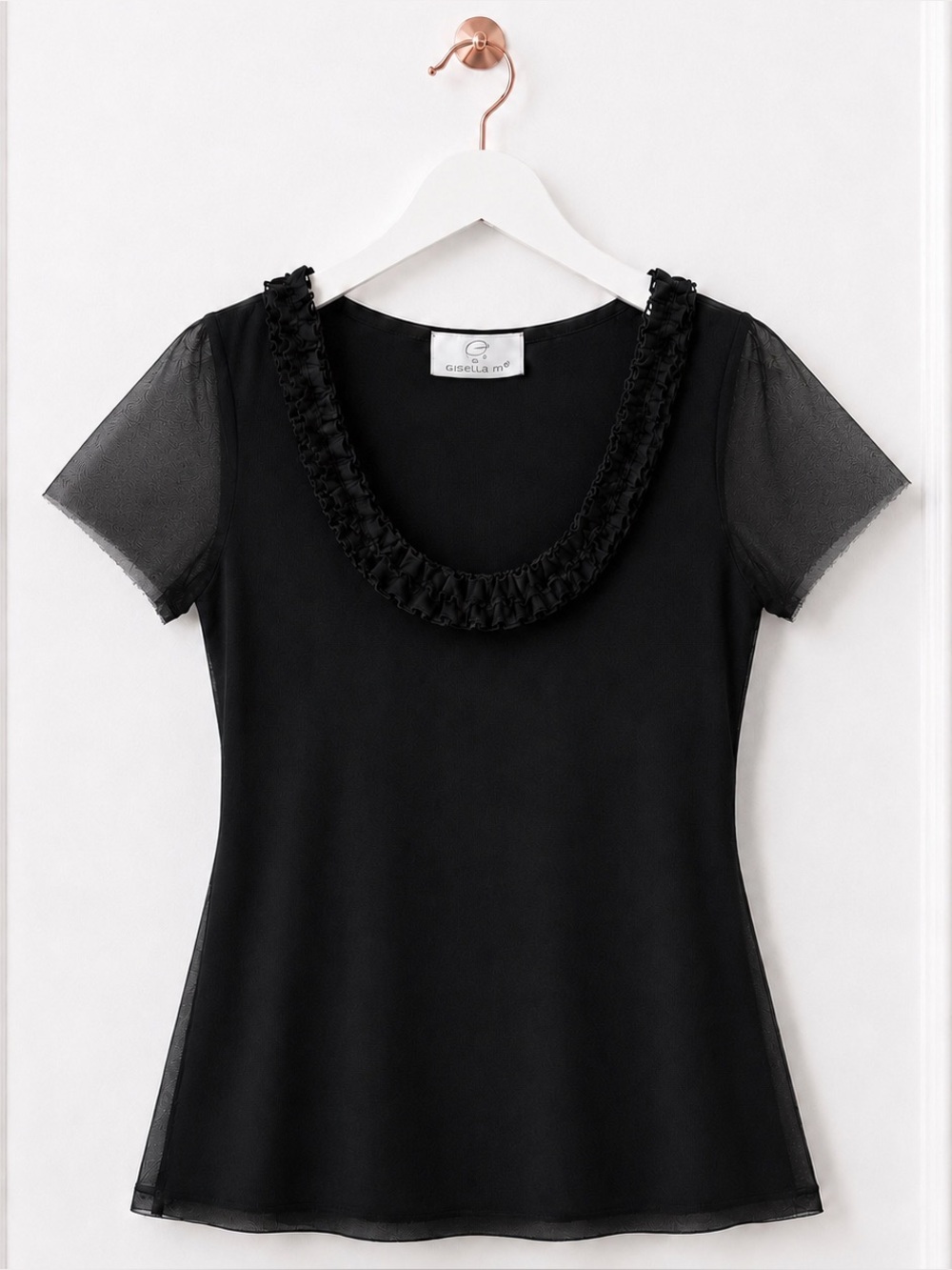 Gisella M Made in Italy Small Black Semi Sheer Ruffle Short Sleeve Mesh Blouse